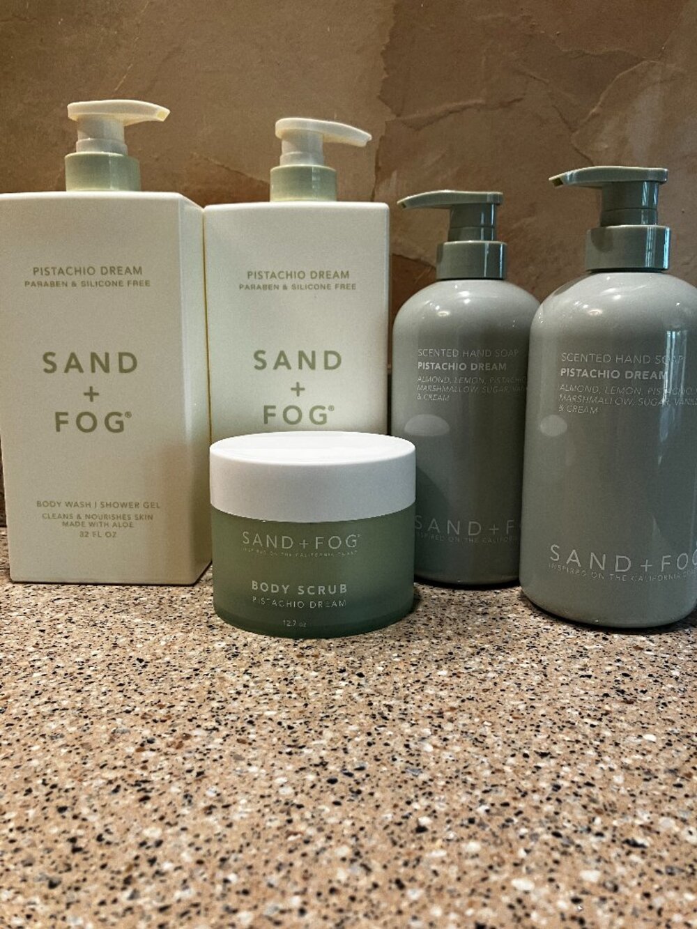 Sand & Fog Set of Pistachio Dream Jumbo Shower Gels , Hand Wash, Scrub!! NEW